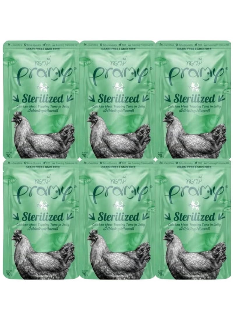 Pramy Wet cat food with chicken and jelly tuna flavor for sterile cats - 6 envelopes weighing 70 grams - special formula for sterile cats - supports healthy weight and urinary tract health - Image 1